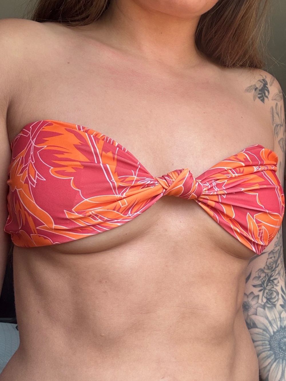 Strapless Twist Bandeau Bikini Top - Coral & Orange Floral